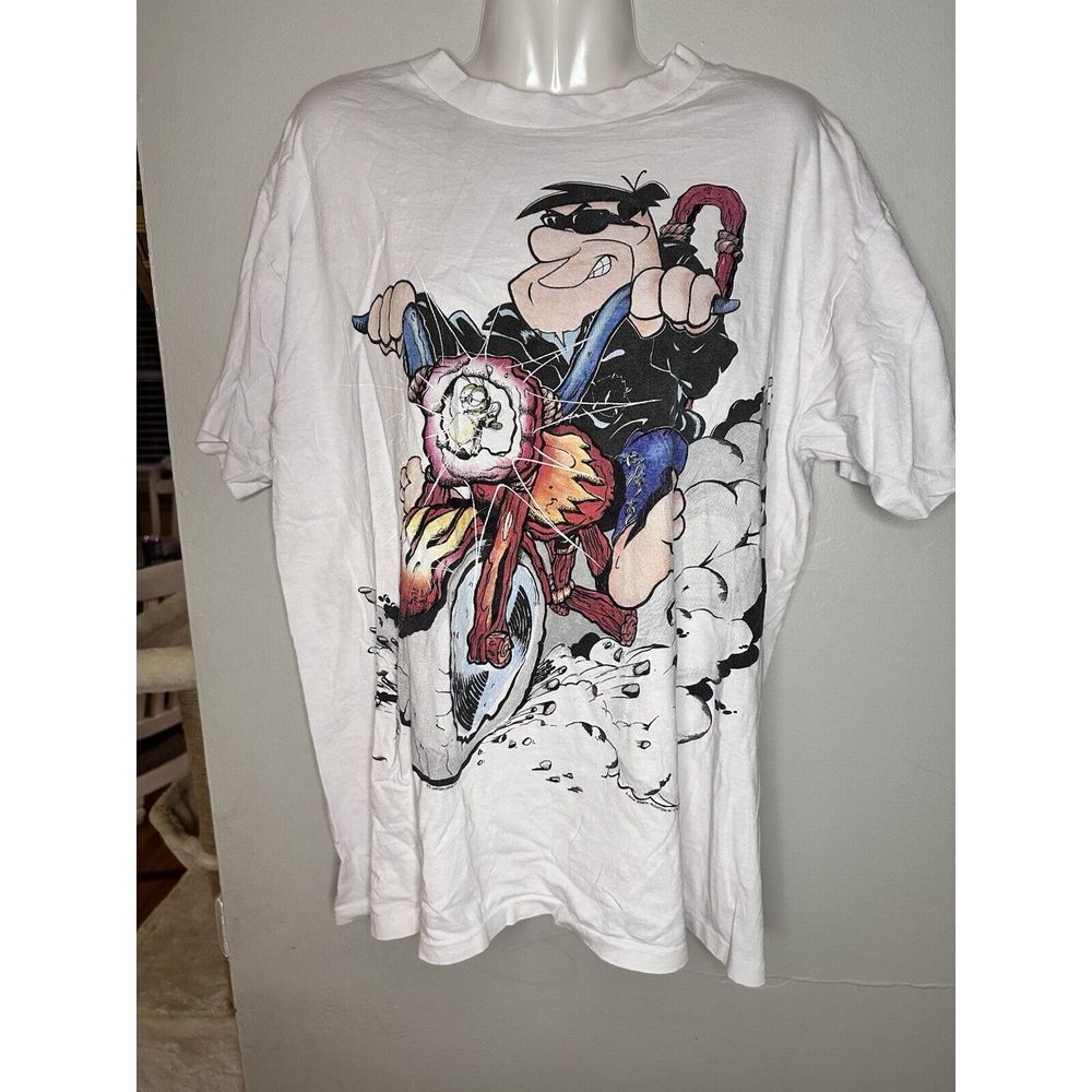 Vintage 90s‎ Fred Flintstone Motorcycle Men's Large Cartoon White Tee